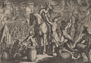 13. tábla: Támadás a római erőd ellen éjjel, A rómaiak háborúja a Ba... című filmből, 1611.
