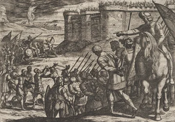 16. tábla: Római foglyok a régi erőd előtt, A rómaiak háborúja a B... ellen, 1611-ből.