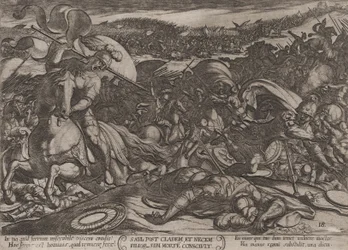 18. tábla: Saul öngyilkossága a filiszteusoktól elszenvedett veresége után, a „The Battl...” című műből, kb. 1590-kb. 1610.
