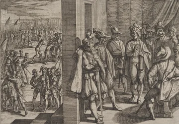 18. tábla: Civilis titkos találkozója más trieri vezetőkkel, A rómaiak háborúja a batávok ellen című műből, 1611.