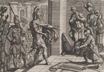 26. tábla: Cerialis megkegyelmez és felmenti azokat a római katonákat, akik segítették civilist, a The Wa...-ból, 1611.