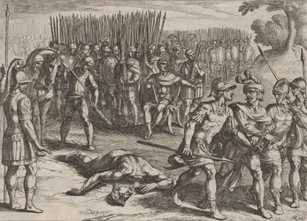 3. tábla: Claudius Civilis letartóztatva és testvére, Paulus lefejezve, a Ro... háborúból, 1611.