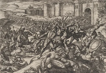 9. tábla: A rómaiak, akiket a holland csapatok legyőztek Bonnában, A rómaiak háborúja Agai...-ból, 1611.