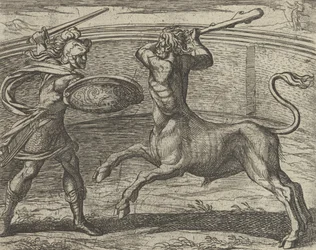 Thészeusz és a Minotaurusz Minotaurum Theseus vincit, a Metamorphos...-ból, 1606 után jelent meg.