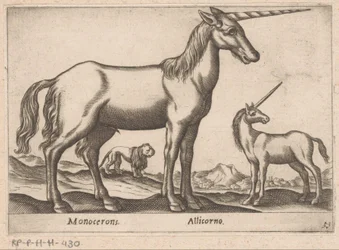 Két egyszarvú és egy oroszlán Monocerons/ Allicorno (cím a tárgyon) Állatok és mitikus lények (sorozat címe) Nova raccolta de li animali piu curiosi del mondo (sorozat címe)