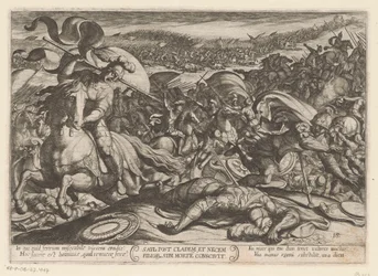 Saul öngyilkossága a filiszteusoktól elszenvedett veresége után. Saul post cladem et necem fillor sibl morte conscivit (cím a tárgyon). Ószövetségi harci jelenetek (sorozatcím)