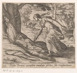 Thisbe öngyilkossága - Thijsbe Pyrami exemplum aemulata pectus sibi transuerberat (cím a tárgyon) - Metamorphoseon sive transformationum (sorozatcím) - Ovidius Átváltozások című műve (sorozatcím)