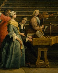 Koncert a villában, Antonio Visentini (1688-1782), zongora és hegedű, olaj, vászon, 207x320, Olaszország