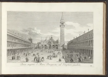 Gezicht op het San Marcoplein en de San Marco te Venetië A Szent Márk Prospektus nagyobb területe ugyanahhoz a templomhoz (cím az objektumon) Gezichten op bugemenen en pleinen in Venetië (sorozat címe) Velence városának leghíresebb kilátásai az Antonius-cs