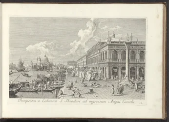 Hoek van het San Marcoplein met de Biblioteca Marciana Kilátás a Szent Teodor oszlopról a Canal Grande bejáratára (cím a tárgyon) Velence városának leghíresebb kilátása, az Antonius-csatorna 38 réztáblájából, Antonio Vissentini részekben nyomtatta