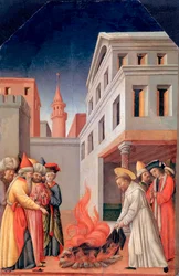 ""Szent Péter vértanú tüzének csodája (Veronai Péter, 1205-1252 körül) a szultán előtt" (The Miracle of Holy Fire Before the Sultan) Antonio Vivarini (kb. 1440-1480), 1440 körüli festménye - Olaj, fa Méret 52x34 cm Staatliche Museen, Berlin