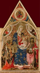 Madonna és gyermeke, püspökkel, Keresztelő Szent Jánossal és angyalokkal, 15. század eleje.