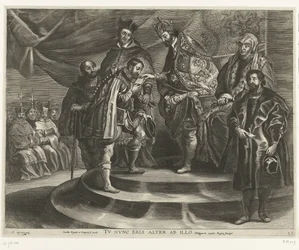 Troonsafsand van Karel V; intocht van Ferdinand te Gent 1635-ben (blad 25) Károly megfosztotta magát a Királyságtól és a Birodalomtól / Most a második leszel / II. Fülöp elveszi a Királyságot apjától (cím a tárgyon)