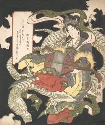 Benzaiten, a zene és a szerencse istennője fehér sárkányon ülve, 1832.