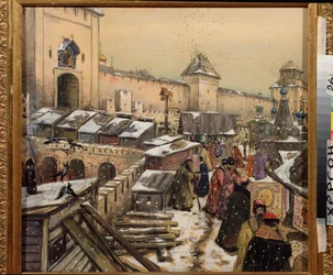 Moszkva a 17. században, Könyvesboltok a Krisztus Megváltó hídon (Moszkva a 17. században, Könyvesboltok a Krisztus Megváltó hídon) - Appolinari Mikhajlovics Vasnyecov (1856-1933) munkája, akvarell és fehér kartonon