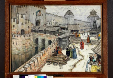 Moszkva a 17. században, könyvkereskedők a Megváltó Krisztus hídján - Appolinari Mikhajlovics Vasnyecov (1856-1933) munkája