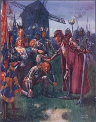 A Herceg Atyja előtt alázatosan letérdel: Övé a csata – övé a teljes! illusztráció: Ballads of Famous Fights, 1900 körül