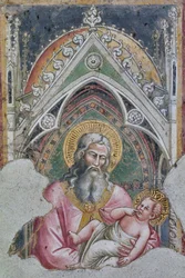 Szent Simeon a karjában tartja a kis Jézust Lukács evangéliumának elbeszélése szerint (freskó)