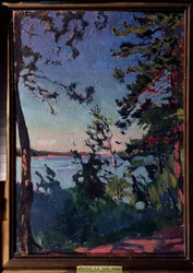Park a Néva folyó partján. Arkadi (Arkady) Alekszandrovics Rylov (1870-1939) festménye, olaj, vászon