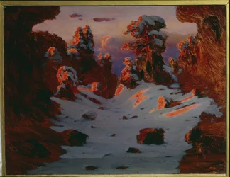 Téli táj naplementekor (Sunset Effect). Alekszandr Ivanovics Kuindzsi (Kouindzsi) festménye (1842-1910). Olajfestmény. Méretei: 39 x 53 cm. Szentpétervár, Állami Orosz Múzeum Múzeum