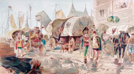 A Hanza Szövetséghez tartozó árukkal teli lovas kocsik megérkeznek egy kikötőbe, 16. század, 1886