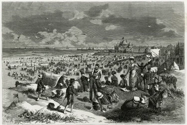 Ostend Beach. A.Heins metszete a „La Belgique” című történet illusztrálására, Camille Lemonnier (1844-1913), író és művészeti kritikustól. Megjelent a Tour du monde új folyóiratban des voyages