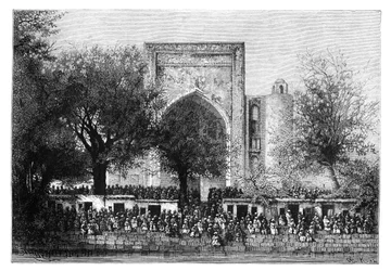 Gyűlés a mecset előtt Buharában, Üzbegisztánban, 1895.