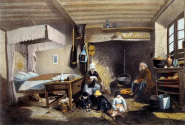 Parasztbelső Royat közelében Auvergne-ben. Anya varr, apa a nagy kandalló mellett ül, míg a gyerekek játszanak. Armand Theophile Cassagne (1823-1907) litográfiája 19. század. Musee National des Arts et Traditions Populaire, Párizs.