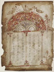 Canon asztalok evangéliumból (átlátszatlan akvarell, tus és arany pergamen)