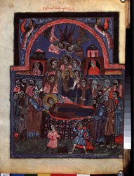 A Szűzanya elhunyta. (A szűz elszenderedése). A Matenadaran Codex mesterének világítása (13. század), miniatűr, akvarell pergamenre