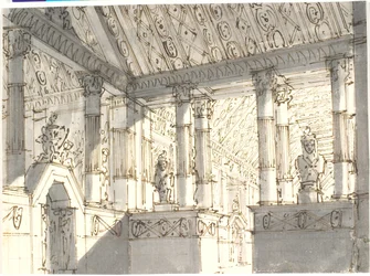 Belső (templomból?) oszlopokkal és szobrokkal