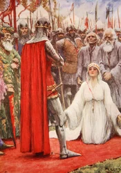 Edward király lenézett Philippa királyné könyörgő szemébe (színes litó)