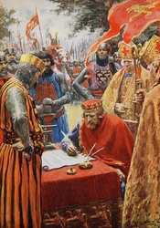 János király vonakodva aláírja a Magna Cartát (színes litó)