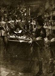 Strafford átadja kardját az alsóházban, illusztráció Hutchinson „Story of the British Nation” című könyvéből, 1920 körül