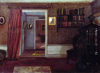 A szalonkályha, 1900 körüli (olaj, tábla)