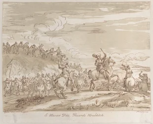 A lovasság rohamra tör, lóháton, kardot emelő központi alakkal, 1735., 1735.