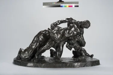Harcba zárt férfi oroszlánkölyökkel (bronz)