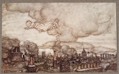 Elrepült közvetlenül a házak felett a Gardensbe, a Kensington Gardensben található Peter Pan-től, J M Barrie (1860-1937), pub. 1906