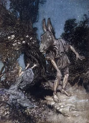 Bottom, a szamárfejű férfi és Titánia, a tündérek királynője. Arthur Rackham (1867-1939) illusztrációja William Shakespeare Szentivánéji álom című művéhez