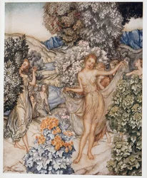 Gyertek, mérsékelt nimfák, és segítsetek ünnepelni az igaz szerelem szerződését, William Shakespeares illusztrációja: A vihar, kocsma. 1926