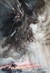 Wotan dühösen a sziklához lovagol. Illusztráció Richard A Rajna kincse és A walkür című műveihez