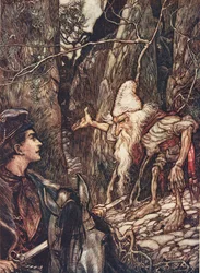 Jó törpe, nem tudnád megmondani, hol vannak a testvéreim? a Grimm testvérek tündérmeséiből, pub. 1909