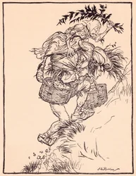 Folyamatosan nyögve felmászott a hegyre. Illusztráció: Arthur Rackham a Grimm meséjéből: A libalány a kútnál.
