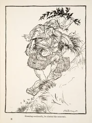 Folyamatosan nyögve felmászott a hegyre, a Little Brother & Little Sister és a Grimm testvérek más meséiből, pub.1917 (litho)