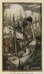 Gulliver elfogja az ellenséges flottát, Illusztráció a Gulliver utazásaiból, Jonathan Swift, Arthur Rackham