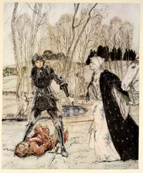 Hogyan győzte le Beaumains a Vörös Lovagot, és a leány mindig sok csúnya szót szólt hozzá, illusztrációja Alfred W. Pollard „Artúr király és a kerekasztal lovagjainak románca” című művéből, 1910