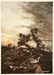 Hogyan ölte meg Arthur Mordredet, és hogyan sebesítette meg őt Mordred halálosan, illusztráció Alfred Pollard „Artúr király és a Kerekasztal lovagjainak románca” című művéből