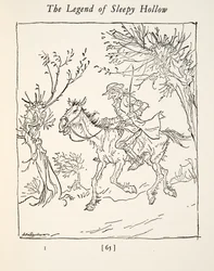 Ichabod Crane menekül a fejetlen lovas elől, Washington Irving (1783-1859) The Legend of Sleepy Hollow című kocsmájából. 1928