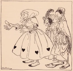 A három legkülönlegesebben öltözött nő lépett be. Illusztráció: Arthur Rackham a Grimm meséjéből, A három forgó nőből.