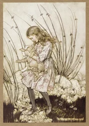"Újra olyan hevesen felmordult, hogy némi riadalommal lenézett az arcába" - Lewis Carroll, kocsma Alice kalandjai Csodaországban című művéből. 1907 (színes litó)